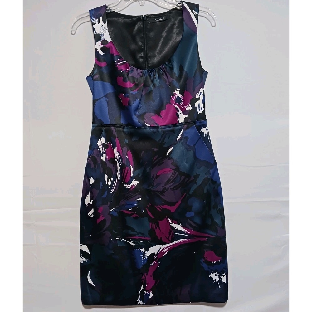 TAHARI‎ Women's Navy Multi Color Knee Length Straight Cocktail/Party Dress Sz 4